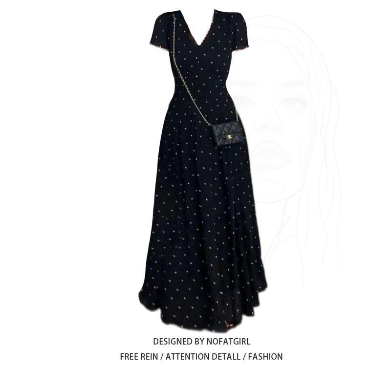

Plus-Size French-Style Polka Dot Floral Short-Sleeve Dress for Women, Summer Waist-Cinching Slimming Long Dress Dress M
