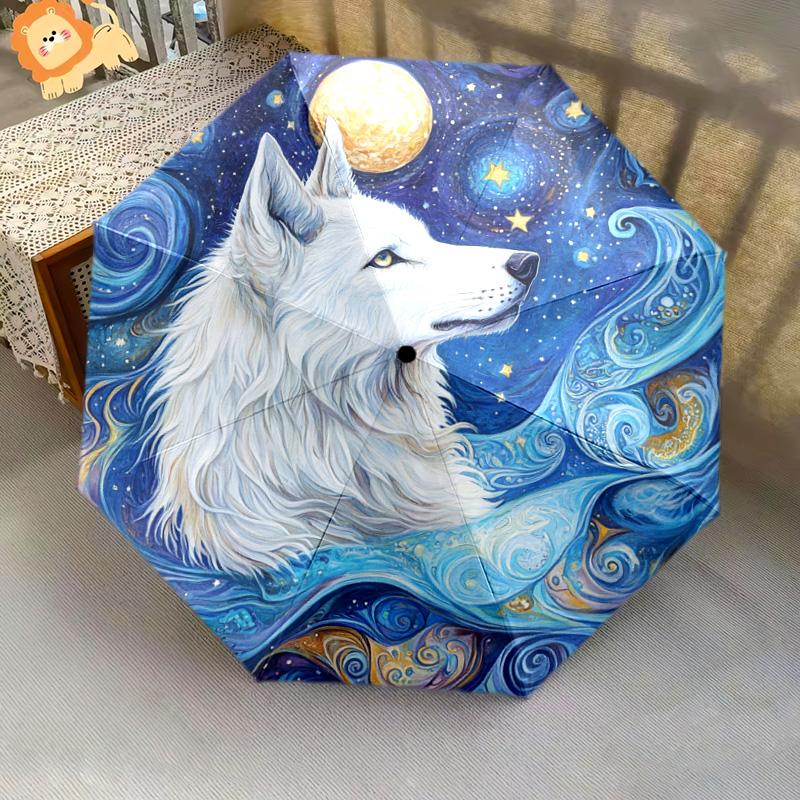 1 Stück Automatischer Faltregenschirm - Weißes Wolfsmuster, Tragbares & Faltbares Design mit 8 Speichen, Weihnachts-Geburtstagsgeschenke
