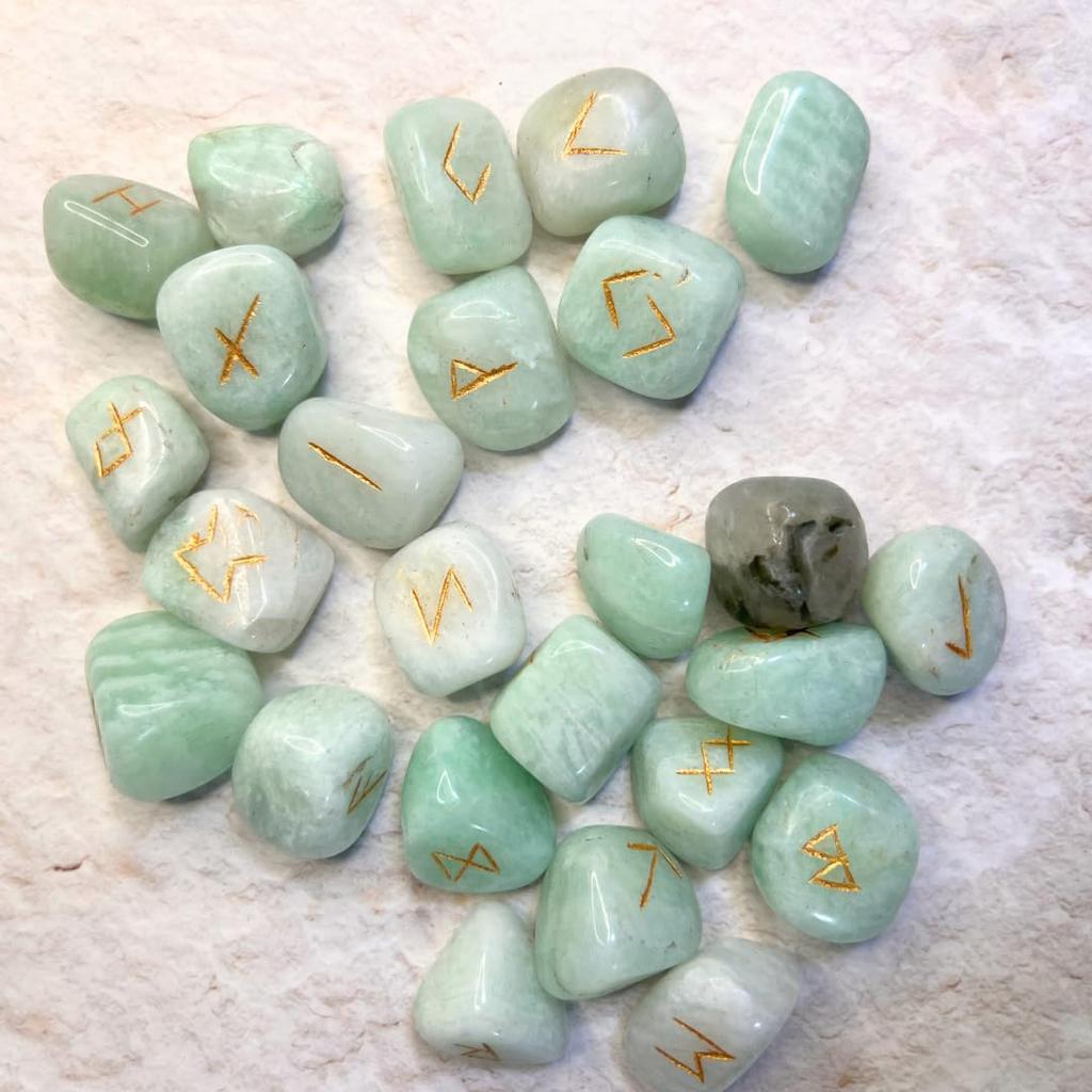 Sedona Magic Amazonite Rune Stone Set of 25 for Rune Divination, Includes 4-page Japanese Divination Guide