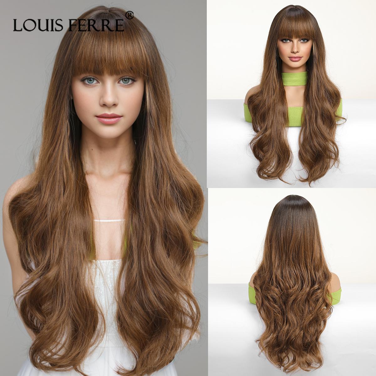 

Длинные волнистые парики ALAN EATON для чернокожих женщин, афроамериканские синтетические волосы, светло-коричневые парики с челкой, термостойкие косплей