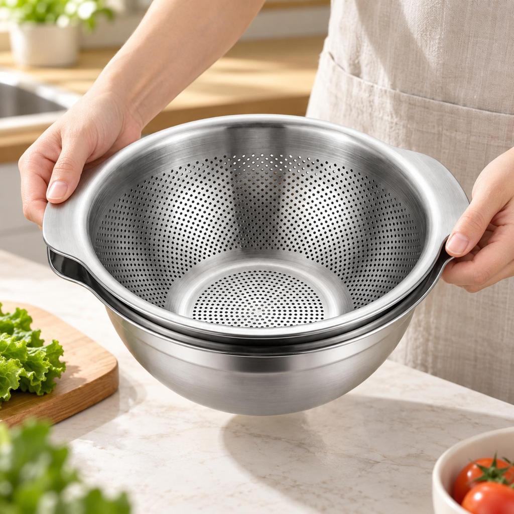 2 Pieces Strainer RustResistant 304 Stainless Steel Mixing Bowl with Colander for Countertop