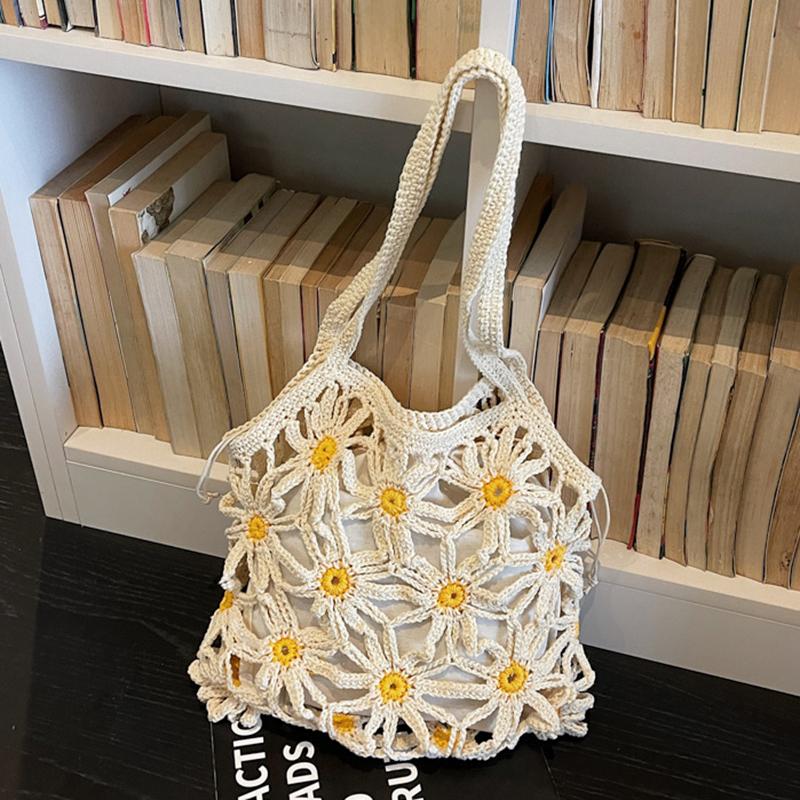 Yogodlns Neue vielseitige gewebte Stroh-Umhängetasche für Damen, handgefertigte gewebte Tasche mit Blumenmuster und Hohlmuster für Damen, Strandtasche für den Urlaub am Meer