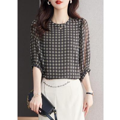New Pullover Round Neck Design Small Shirt for Women Fashionable Age-reducing Retro Rice Pattern Chiffon Shirt Summer Fashion