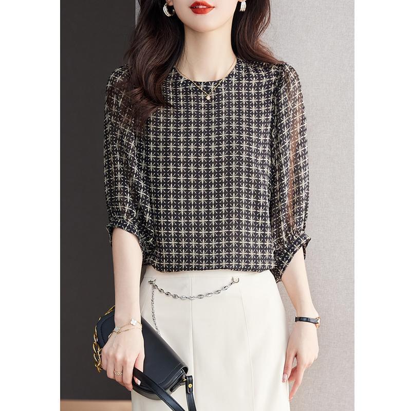 

New Pullover Round Neck Design Small Shirt for Women Fashionable Age-reducing Retro Rice Pattern Chiffon Shirt Summer Fashion S чёрный