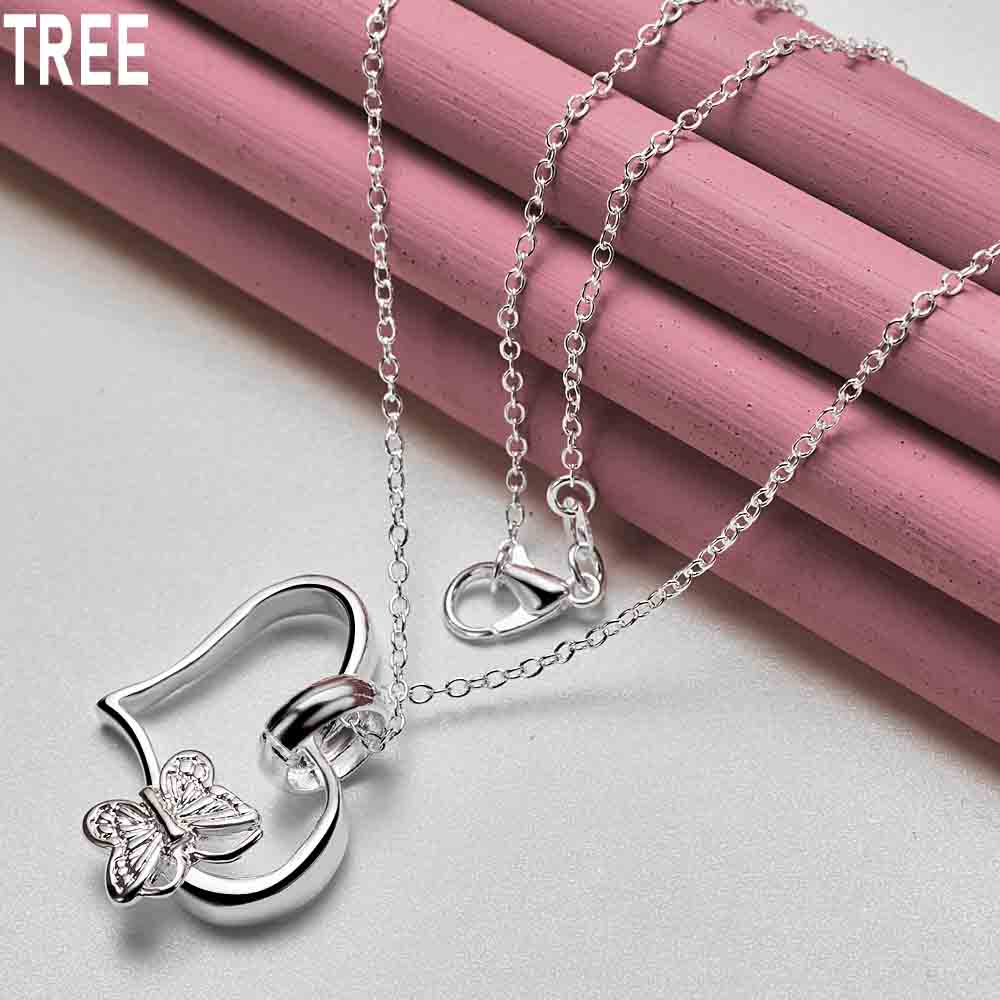 925 Sterling Silver Heart-shaped Butterfly 18 Inch Pendant Necklace Fashionable Wedding Jewelry