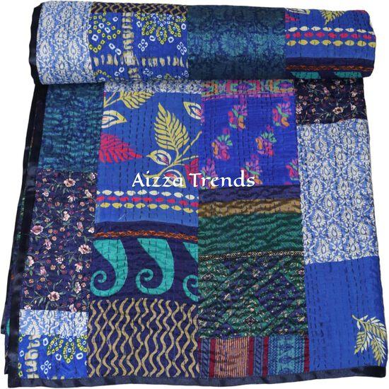 Aizza Trends Handmade Pure Cotton Patch and Patola Work Kantha Quilt - Traditional Indian Throw Blanket-Vintage Cotton Silk Saree Quilt