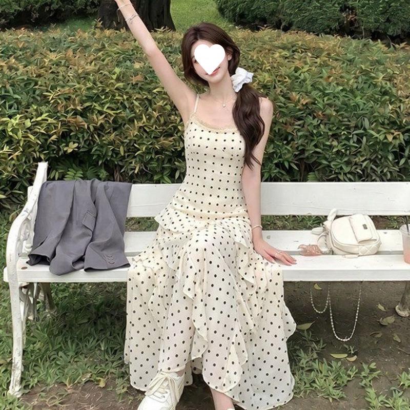 French polka dot suspender dress women's summer ruffle edge super fairy skirt slim a word long dress