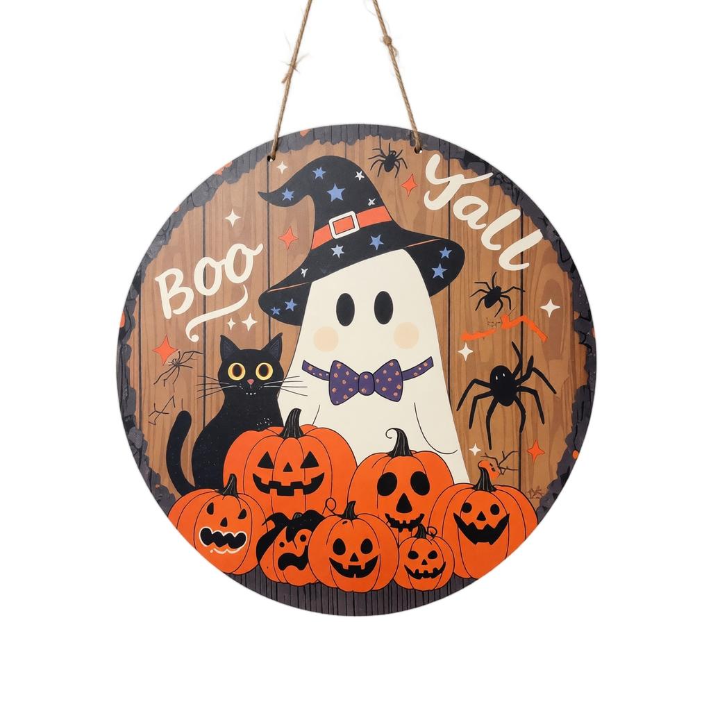 30cm Round Wooden Halloween Theme Door Sign Ghost Pumpkin Cat Party Wall Hanging Decoration for Home Indoor Outdoor Use
