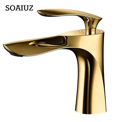 Titanium Maple Leaf Cold and Hot Built-in Washbasin Faucet, Gold Mixed Water Single Hole Countertop Washbasin Faucet