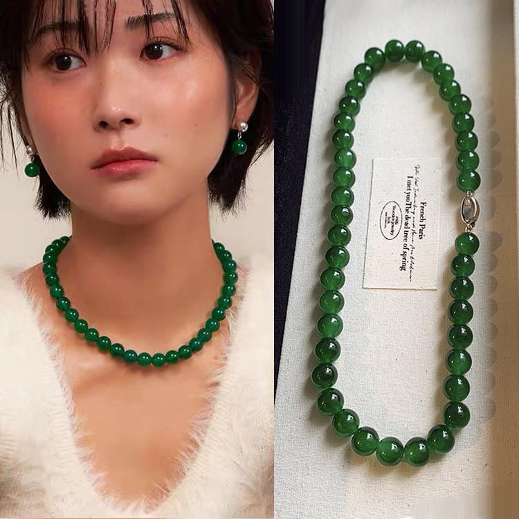 New Chinese ingot buckle green glazed bead necklace temperament collarbone chain Internet celebrity retro necklace women