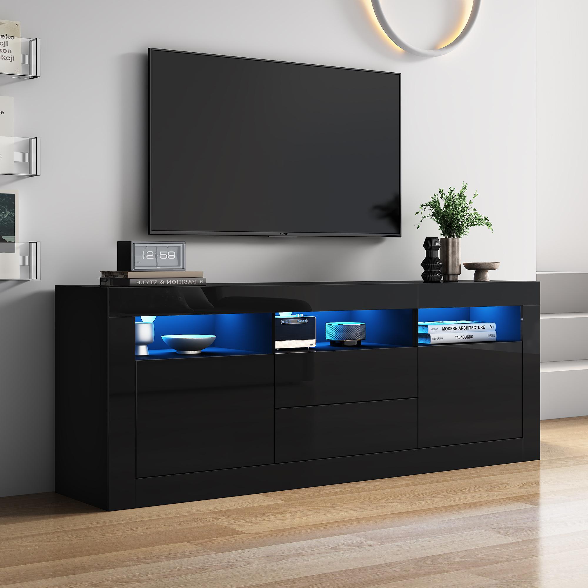 160*35*60cm Magasfényű TV szekrény LED világítással, 3 nyitott polc, 2 ajtó, 2 fiók, Intelligens alkalmazásvezérlés, 70 hüvelykes TV-khez, Magasfényű TV állvány fekete