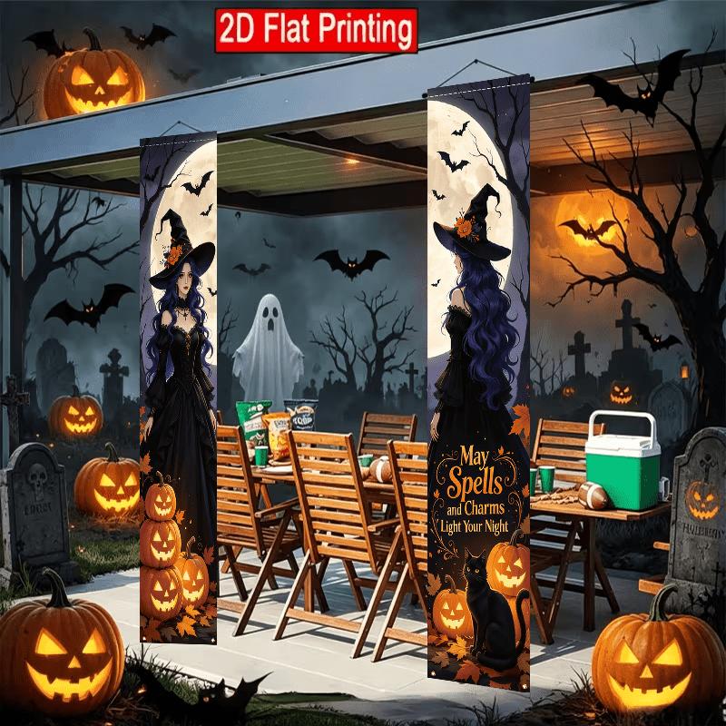2D Flat, 2D Flat -2pcs of 2D Retro Gothic Halloween Theme, 30.48X179.83 cm Polyester Door Couplet, Retro Gothic Long Skirt Witch Design, Suitable for