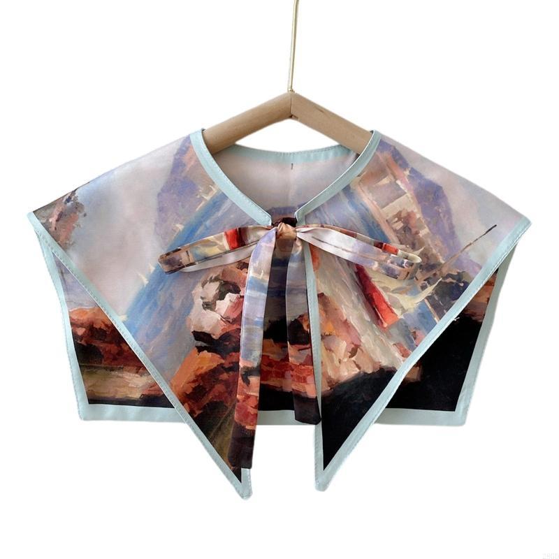 28GD Women Elegant Detachable Collar Scarf Vintage Colorful Landscape Oil Painting Print Shawl Wrap Lace-Up Decorative Shrug