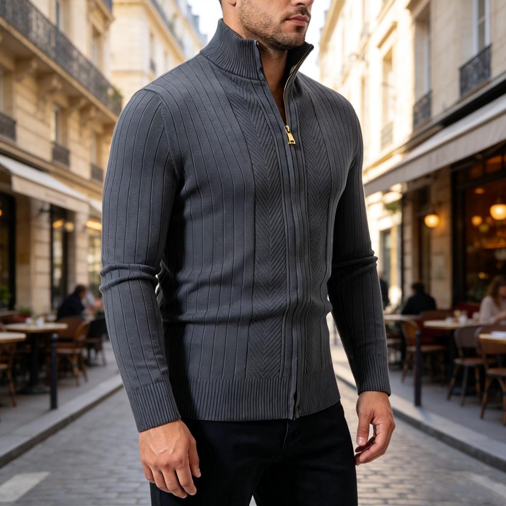Men's Zip-Up Knit Cardigan Sweater with Mock Neck, Slim Fit Long Sleeve Cable Stripe Business Casual Top