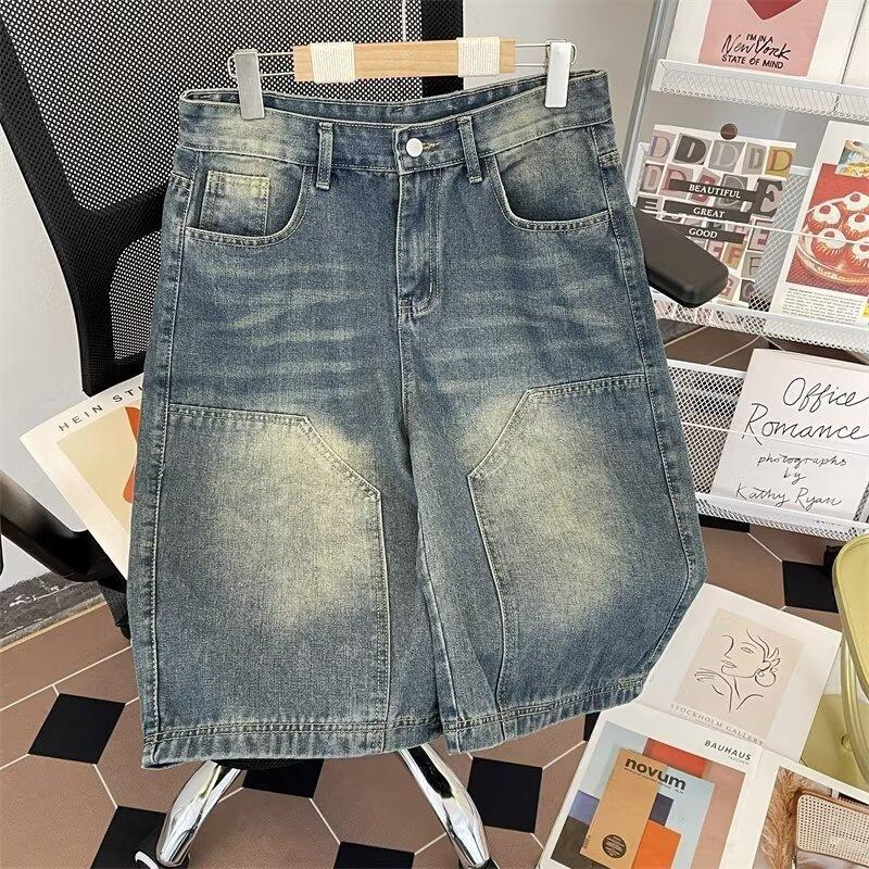 American Retro Washed High Street Denim Shorts Men's Straight Wide Legs Old Casual Versatile Five-point Pants Trendy Jeans
