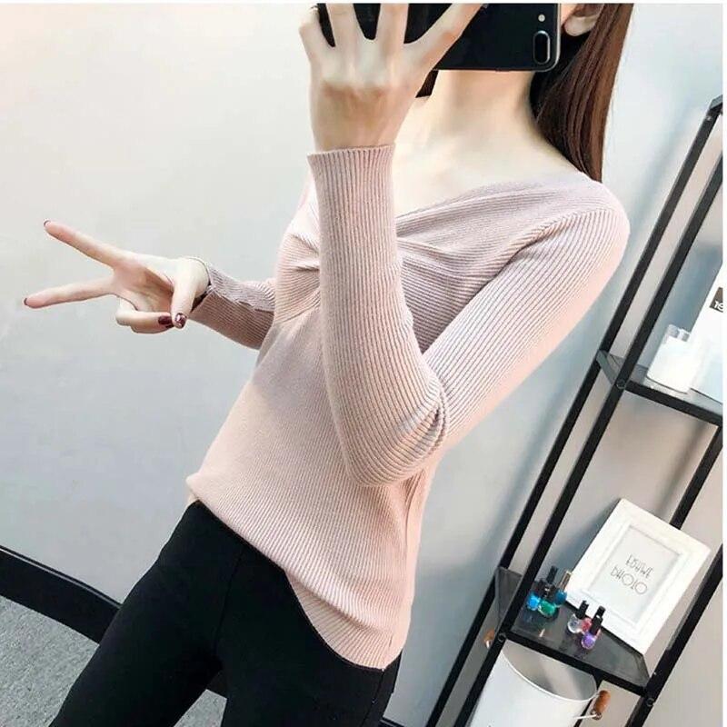 Pullover mit V-Ausschnitt für Damen, schmale Passform, kurzes Oberteil, Pull-Pullover, Strickpullover, solide Langarm-Damen, Frühling und Herbst