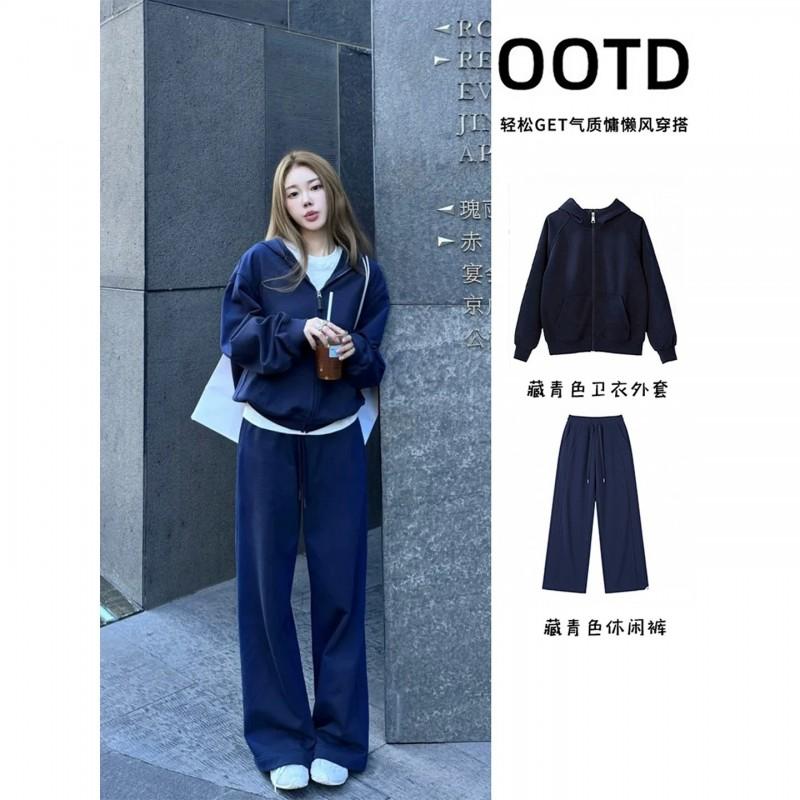 Womens Navy Blue Hooded Sweatshirt Set Casual Korean Style 3-Piece Outfit With Long Sleeve Top Straight Leg Pants Base Layer