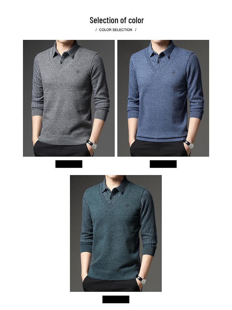 Men's Winter Wool-Feel Sweater: Skin-Friendly, Fleece-Lined, Faux Thickened, Shirt Collar, Knitted Base Layer