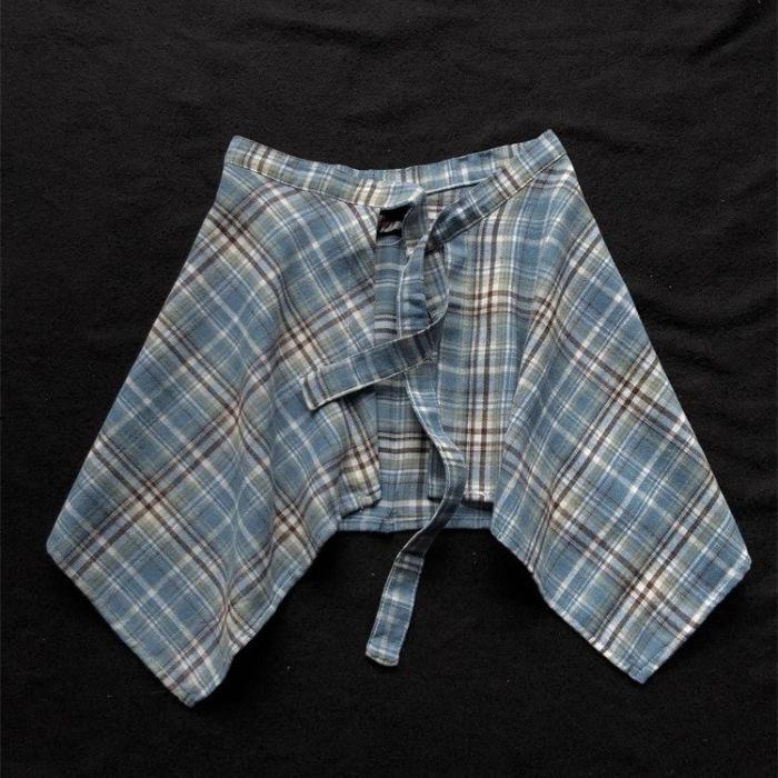 Unisex American Retro Plaid Layered Shirt with Irregular Hem and Tie Waist Design