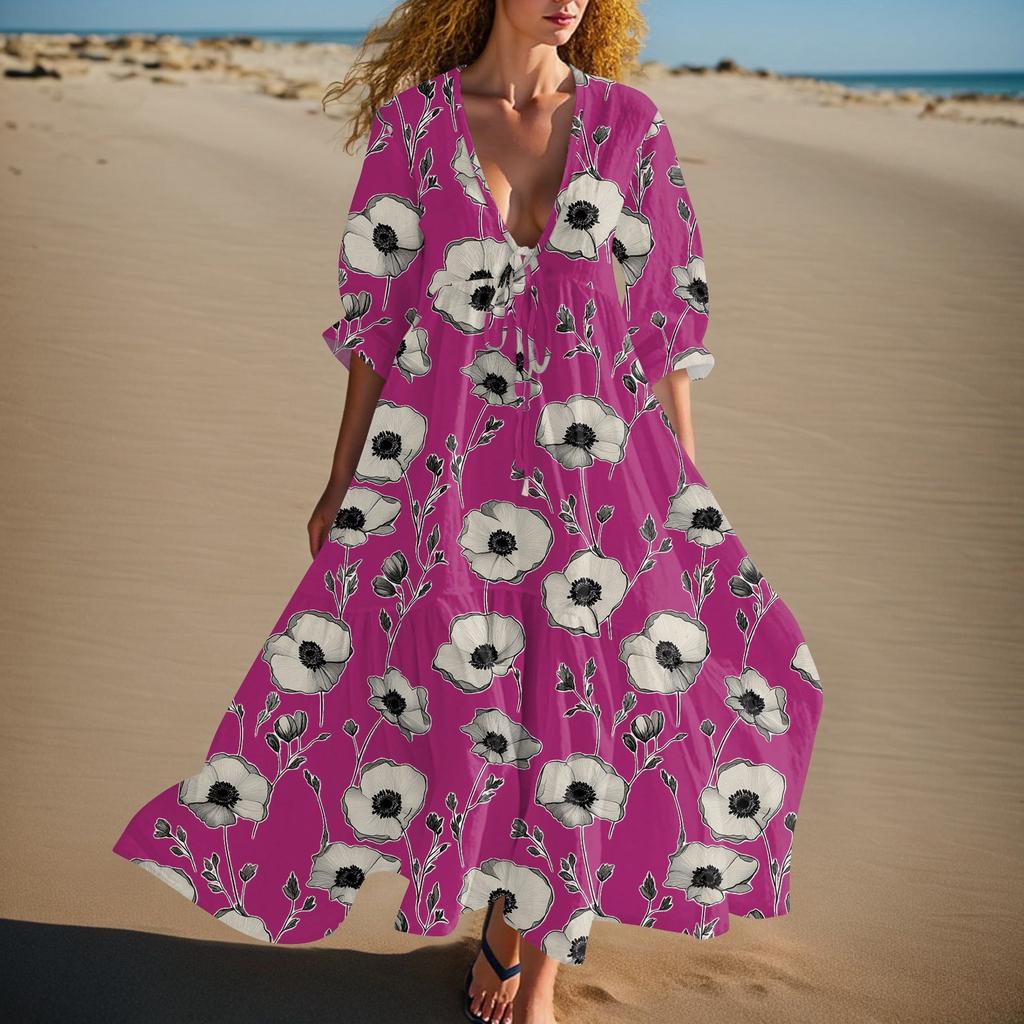 Women's Summer Fashion V-neck Retro Floral Print Short Sleeved Beach Dress With Lace Patchwork Dress
