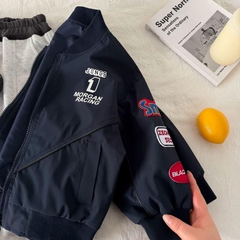 Boys 2026 Casual Baseball Jacket Kids 3-8 Years Thin Long Sleeve Hoodless Outerwear With Letter Print In Navy