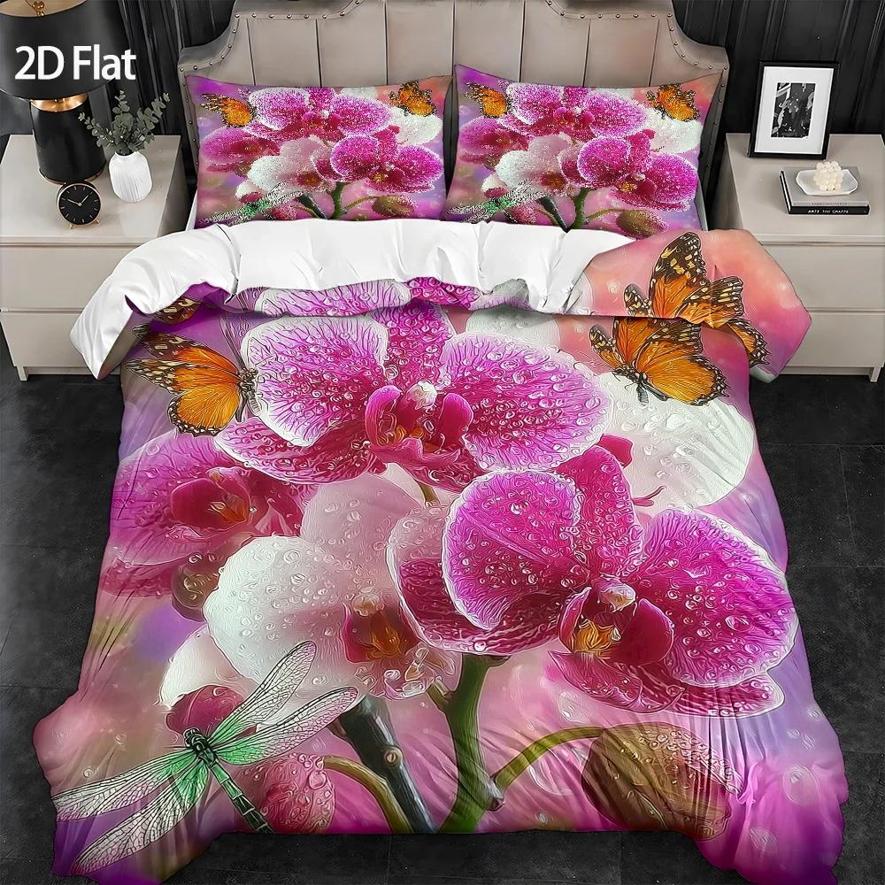 3Pcs Duvet Cover Set, 1 Duvet Cover + 2 Pillowcases, No Filling, Phalaenopsis Orchid Theme, Dreamy Style, Spring, Romantic Home