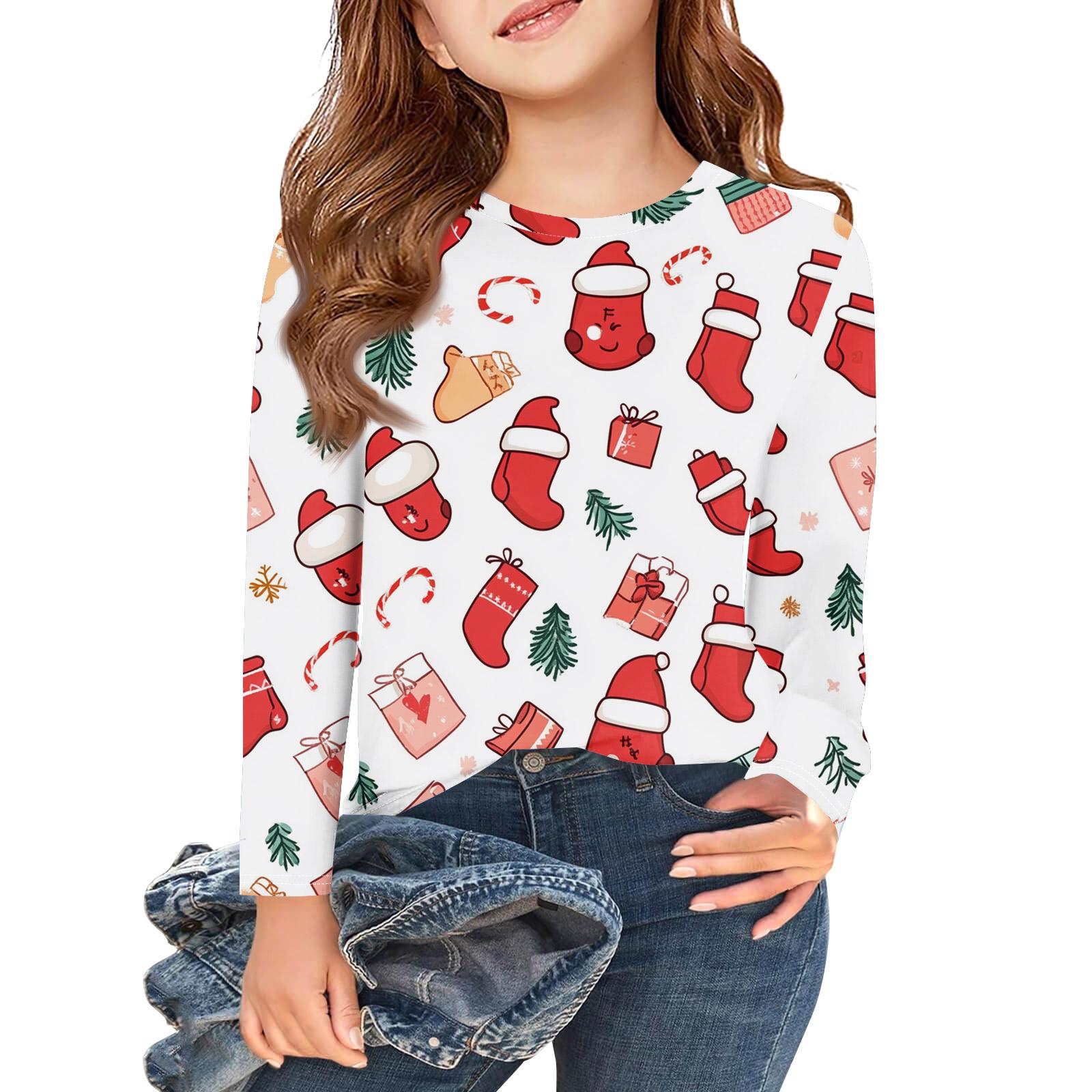 

Рождественские футболки с длинным рукавом для девочек, детские осенние топы с круглым вырезом и принтом, базовые футболки 160