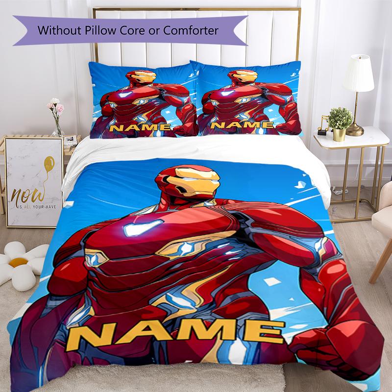 3pcs Custom Name Iron Man Bedding Set Duvet Cover Closure Includes 1 Duvet Cover & 2 Pillowcases, Soft and Comfortable for All Seasons.