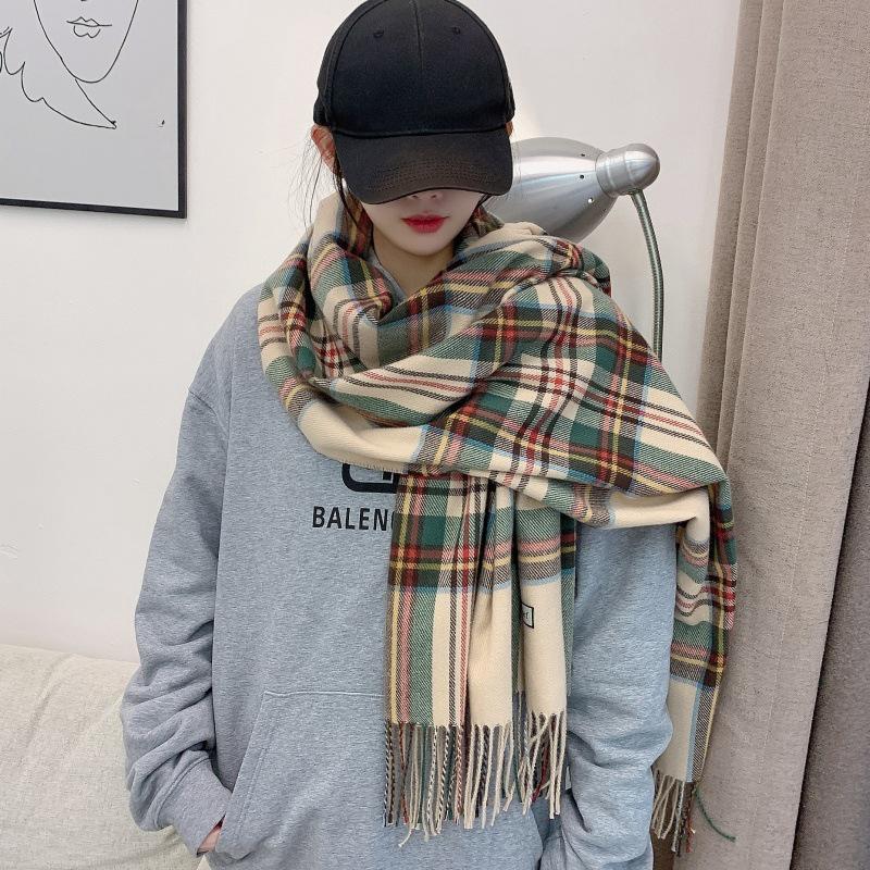 

Women s Autumn/Winter Korean-Style Plaid Shawl: Imitation Cashmere Scarf with Sesame Grain Design 195 cm хакі