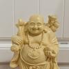 Wood Carved Buddha Statue Hotei Cypress Wooden High Quality Wood Money Luck Ornament Ornament, Carving, (Size 16cm)
