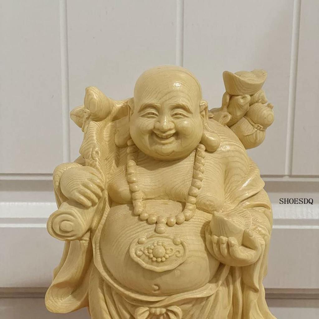 Wood Carved Buddha Statue Hotei Cypress Wooden High Quality Wood Money Luck Ornament Ornament, Carving, (Size 16cm)