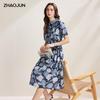 Zhaojun Mulberry Silk Hydrangea Print Short-Sleeve Dress