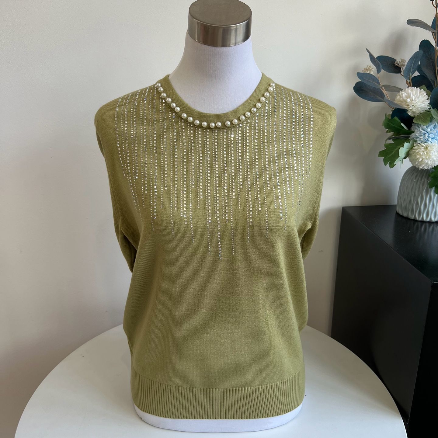 

Autumn Winter Women s Round Neck Sweater Beaded Rhinestone Loose Knit Pullover Sweater 3XL зелений