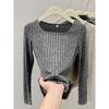 Pit strip square neck polished long-sleeved T-shirt for women's new design sense waist inner top bottoming shirt for women's autumn and winter