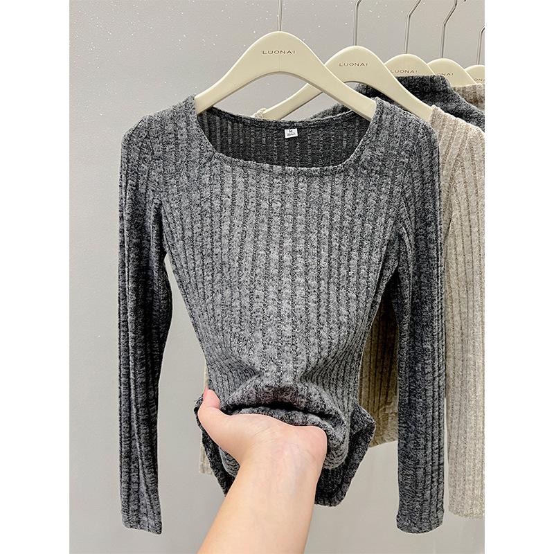 Pit strip square neck polished long-sleeved T-shirt for women's new design sense waist inner top bottoming shirt for women's autumn and winter