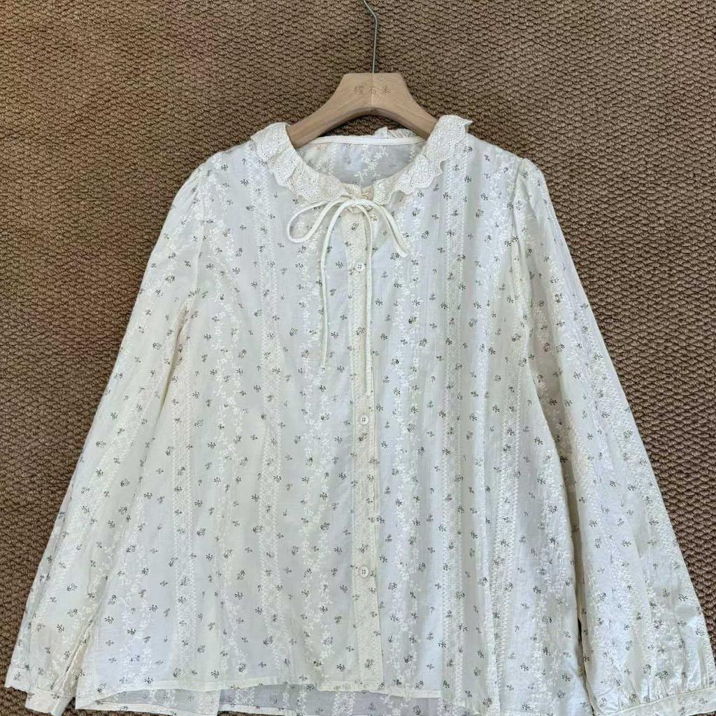 1116 autumn new women's lace collar Japanese cotton shirt loose shirt top cardigan literary style long sleeve printing