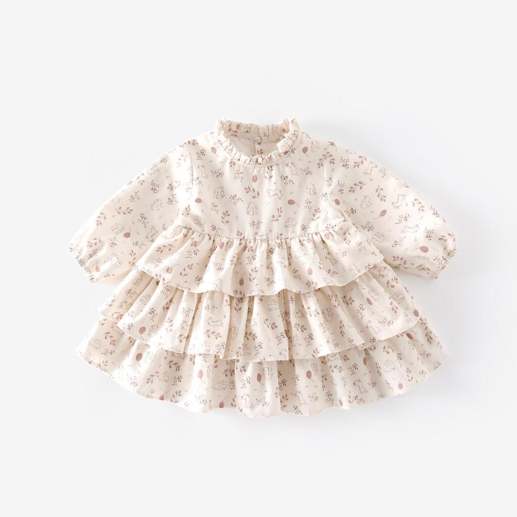 2025 Autumn Girls' Floral Cartoon Cake Dress - Korean Style Children's Outfit