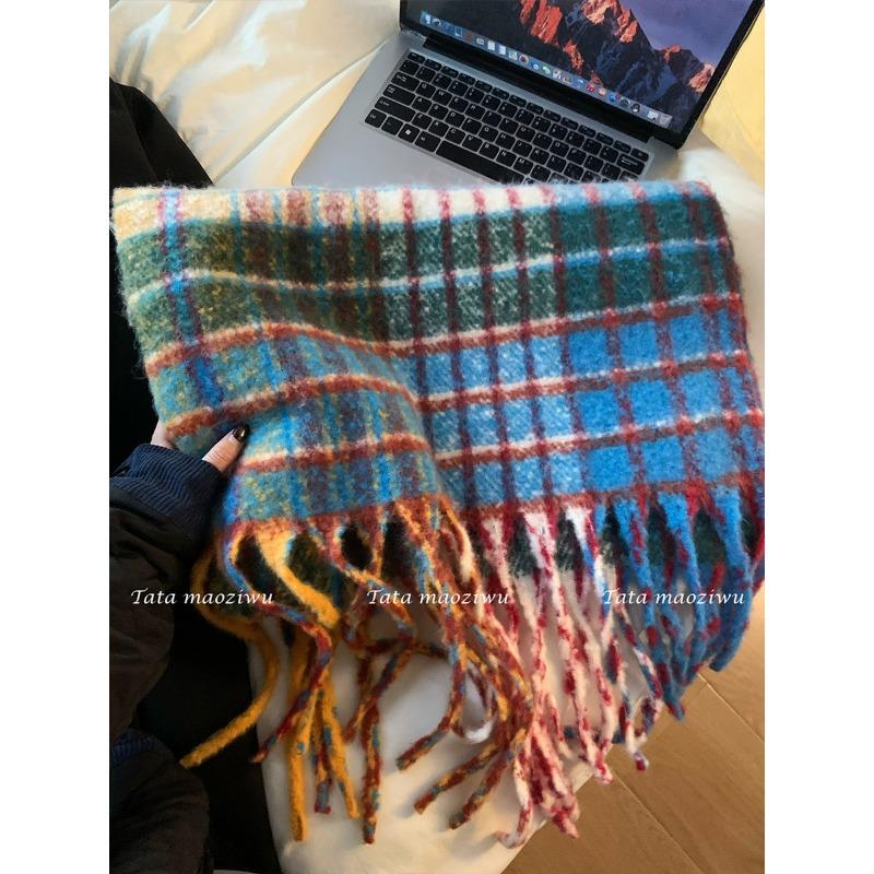 Rainbow plaid scarf women's winter imitation cashmere versatile color matching fringed shawl thickened scarf
