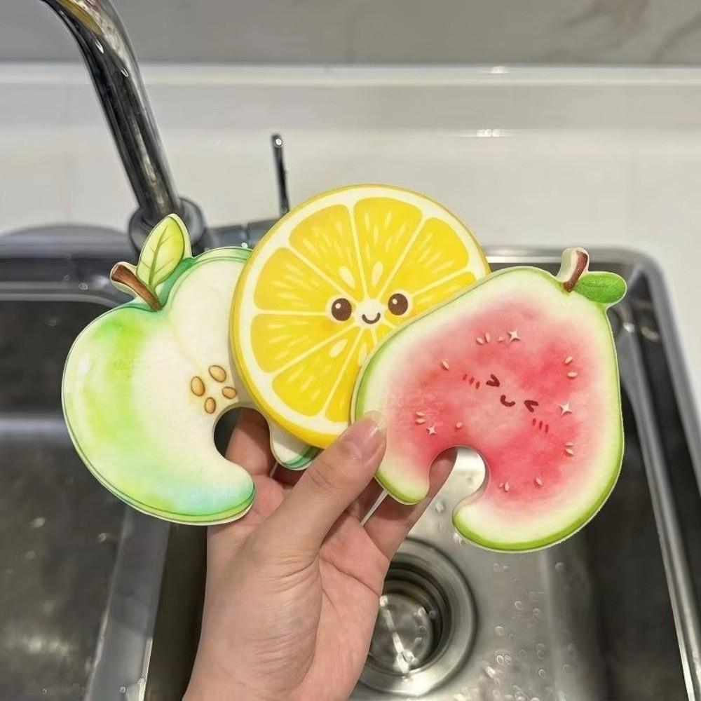 3Pcs Dual-Sided Fruit Shaped Cleaning Sponge Quick Dry Cute Fruit Dish Scrubber Household