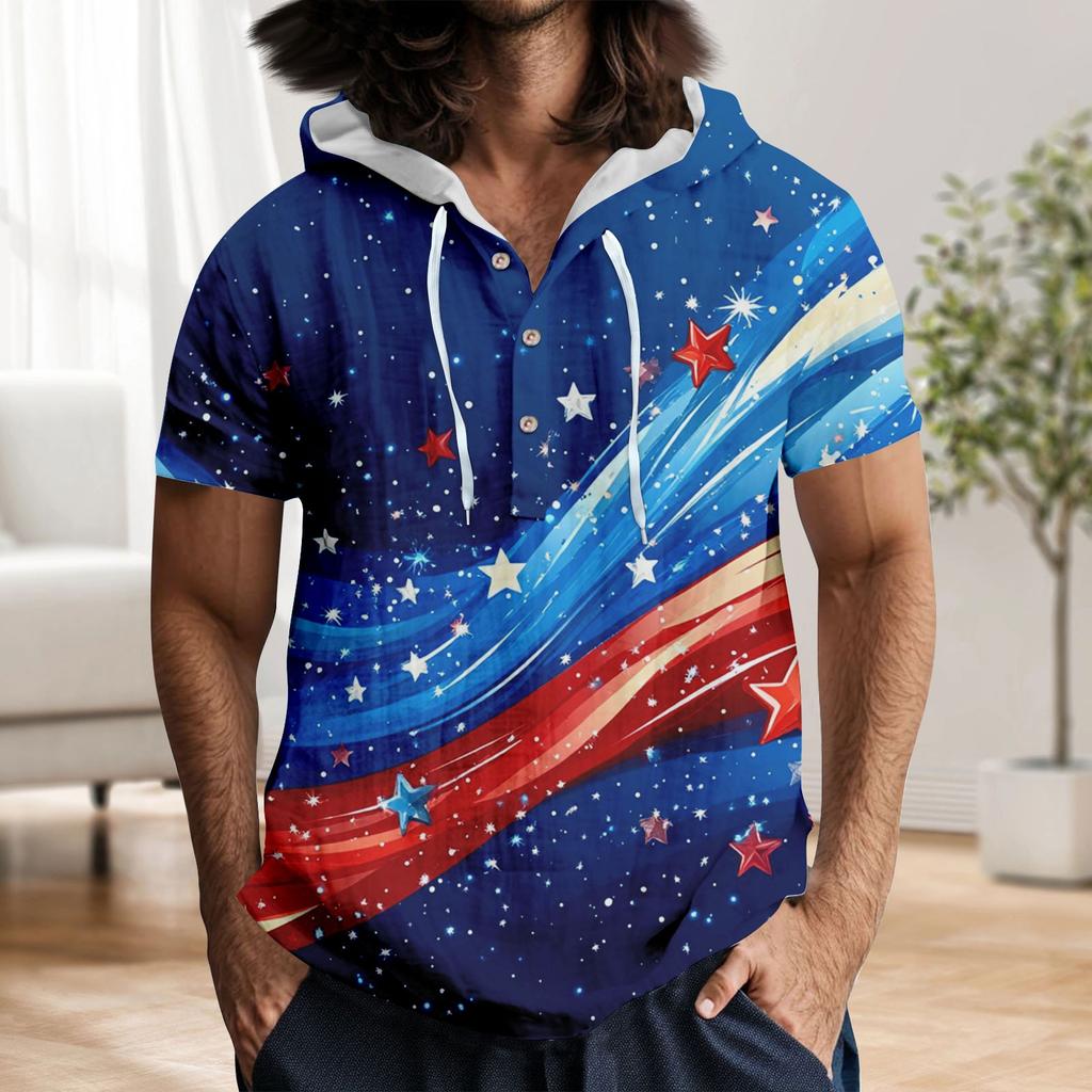 Men'S Casual Short Sleeved Hooded Top Buttoned Open Neck T-Shirt