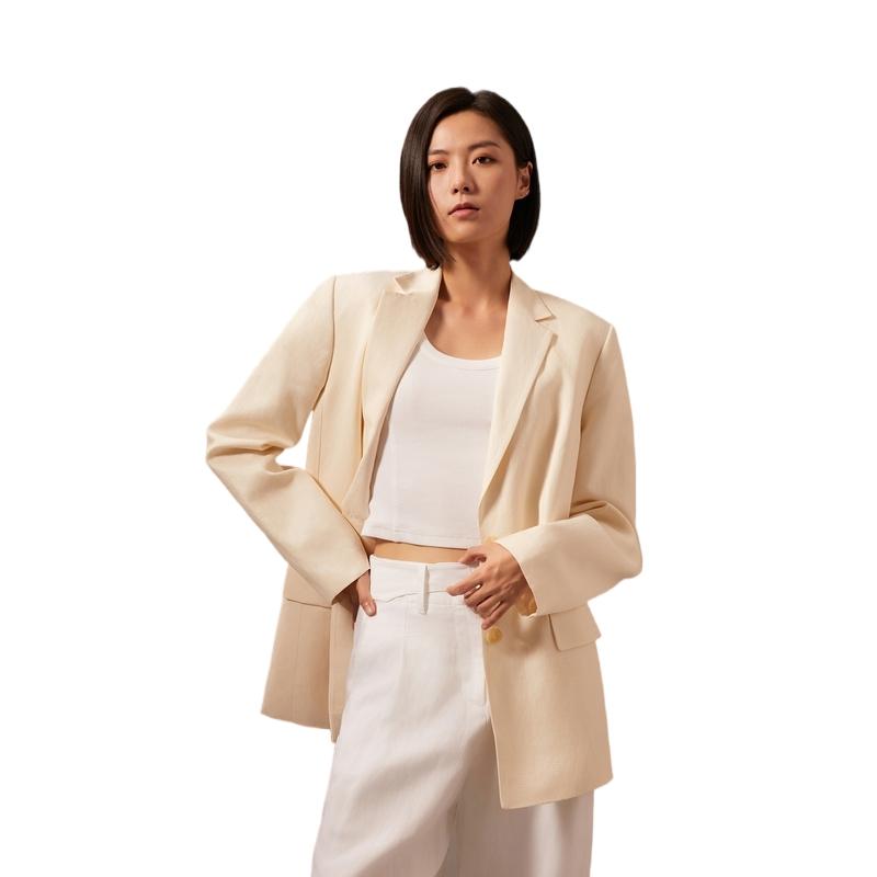 Calvin Klein Simple White Summer Collection Linen Blend Notched Lapel Casual Blazer Women blazer Oatmeal-White 40WK551
