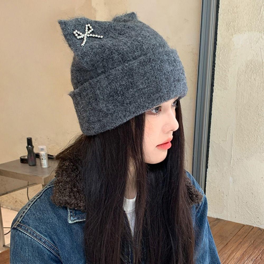 Bow Knitted Pullover Hat Fluffy Winter Wool Hat Harajuku Cat Ears Beanie Hat  Outdoor