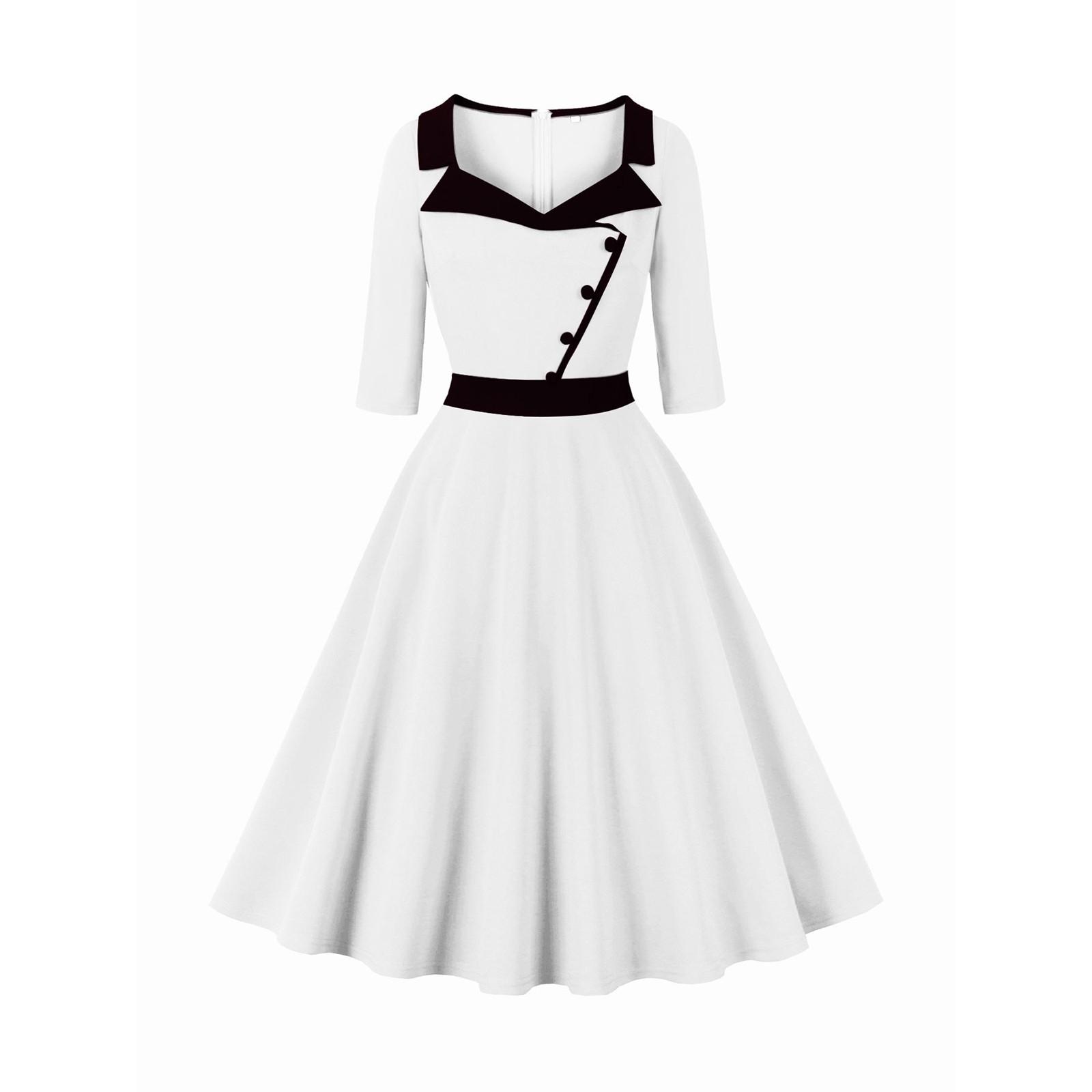 

Женское платье миди с рукавом три четверти, однотонное, в стиле ретро, с воротником-стойкой и большой юбкой-клеш XL белый