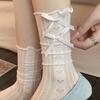 Women's White Lace Ballet Style Mid-Calf Summer Slouch Socks, Milky White, Perfect with Mary Jane Shoes.