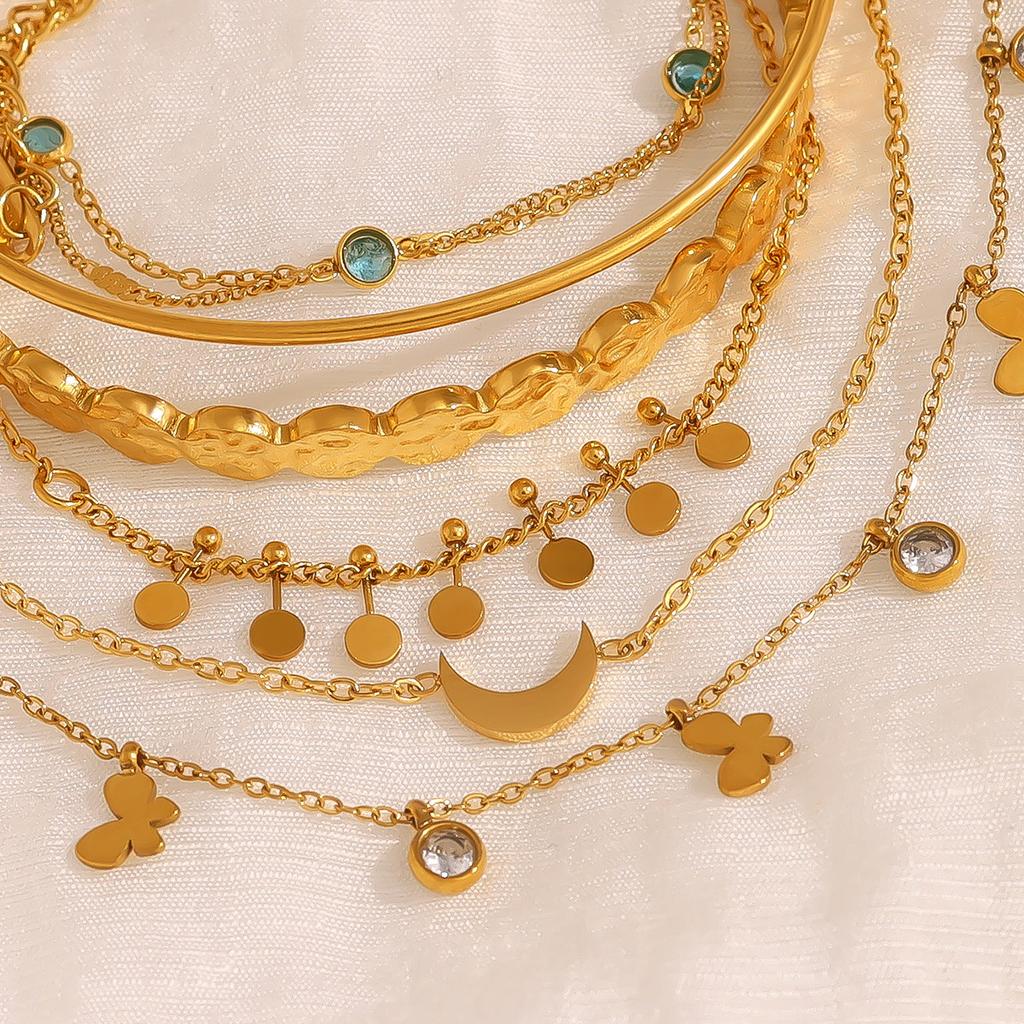 18K Gold Plated CZ Layered Bracelet Set for Women Stainless Steel Pearl Moon Hammered Coin Bangle Daily Gift Custom