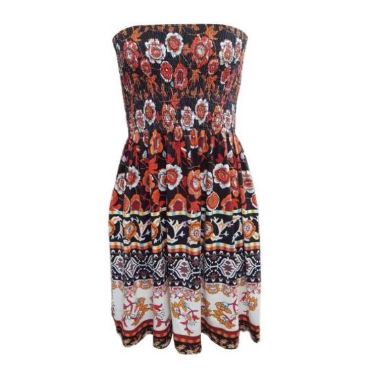 Abito estivo senza spalle da donna, a fascia, senza maniche, schiena scoperta, stile bohémien, stampa floreale, linea ad A, elastico sul busto, lunghezza al ginocchio, abito da spiaggia per le vacanze