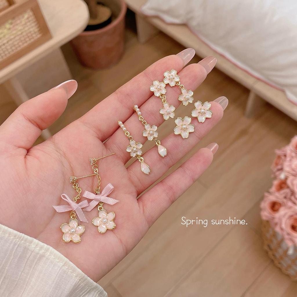 Exquisite Summer Cherry Blossom Pink Flower Earrings - Three-Dimensional, Light Luxury Design