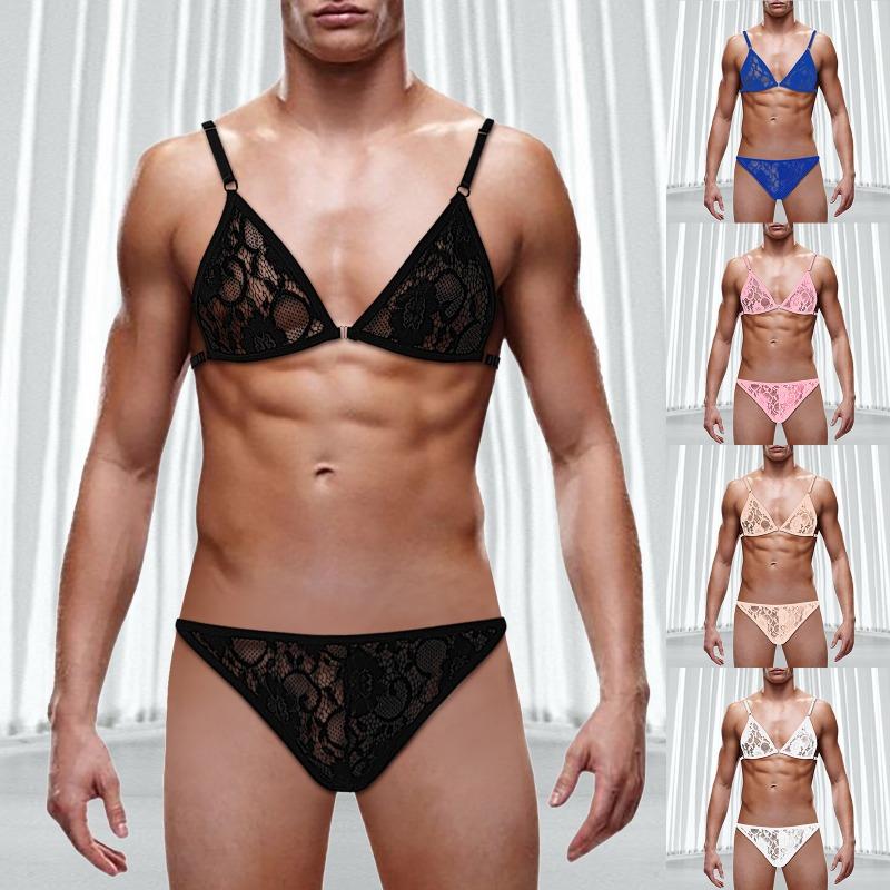 Grote Mannen Sissy Bikini Crossdressing Lingerie Set Kant Doorzichtig Bh Top Met Broekje Strings Ondergoed Gay Nachtkleding Mtf Nachtkleding