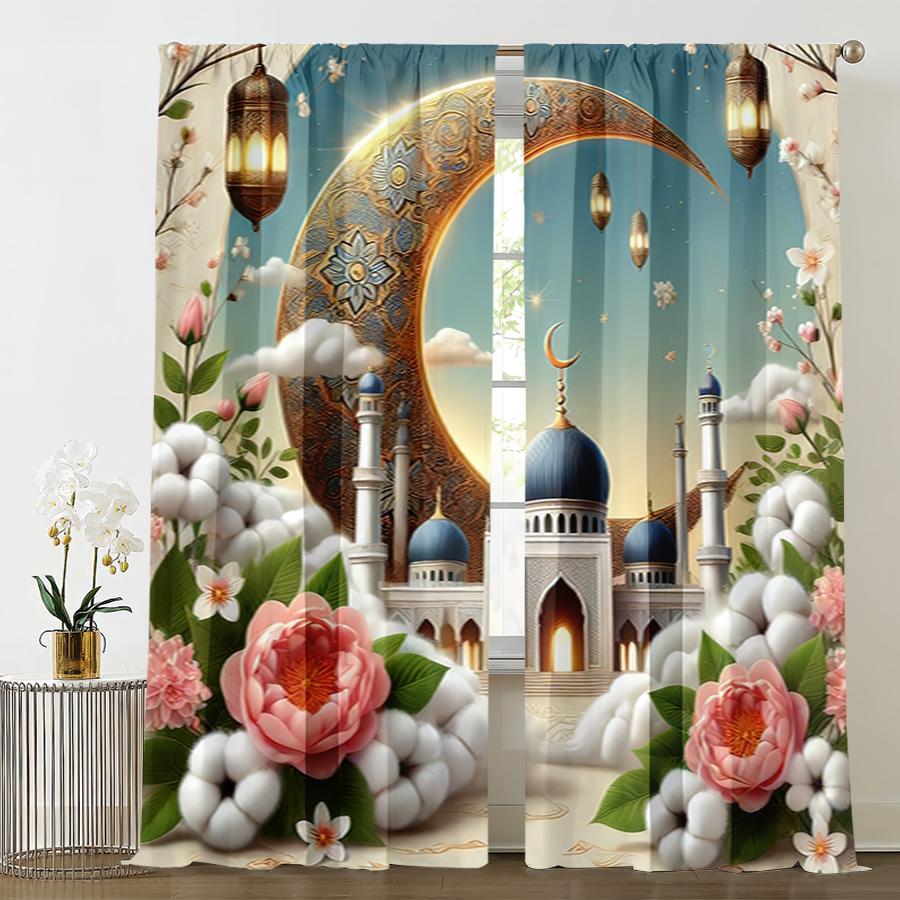 2PCS Soft Color Islamic Temple Flower Curtains   Fresh Wind   Bedroom and Living Room   Drawbar Pocket Decorative Curtains