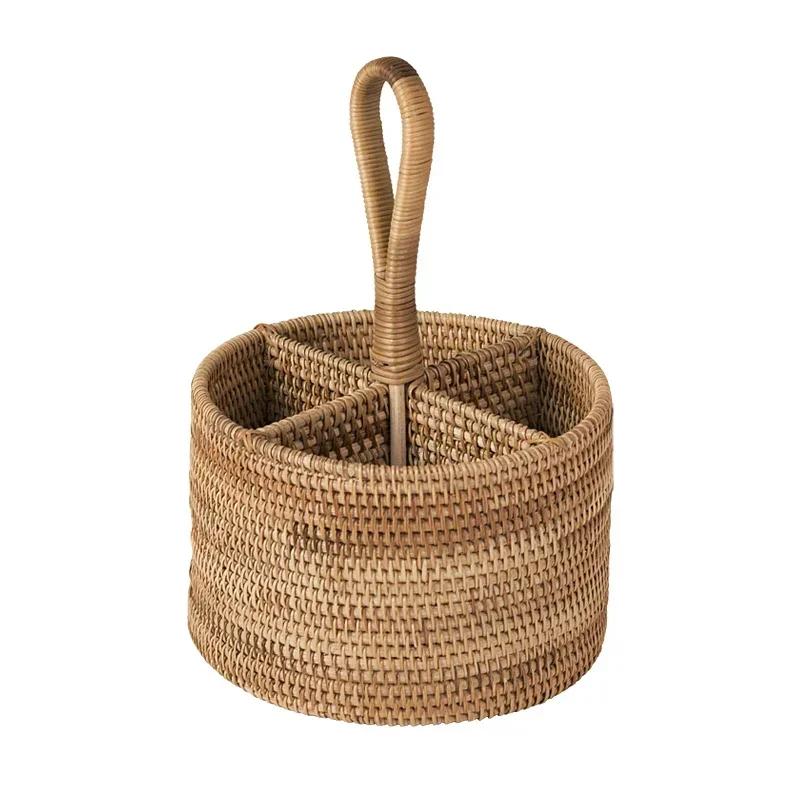 Hand-woven Wicker Desktop Storage Basket Portable Four-compartment Storage Fruit Basket Household Storage Basket Home Decoration